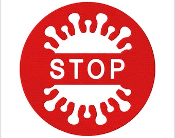 Red sign Stop virus Embroidery design for machine. Digitized Embroidering pattern Antivirus. Files pes vp3 jef hus dst exp xxx shv vip csd