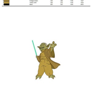 May include: Embroidered image of a green alien character holding a lightsaber. The character is wearing a brown robe and has a green face. The image is surrounded by a white background.