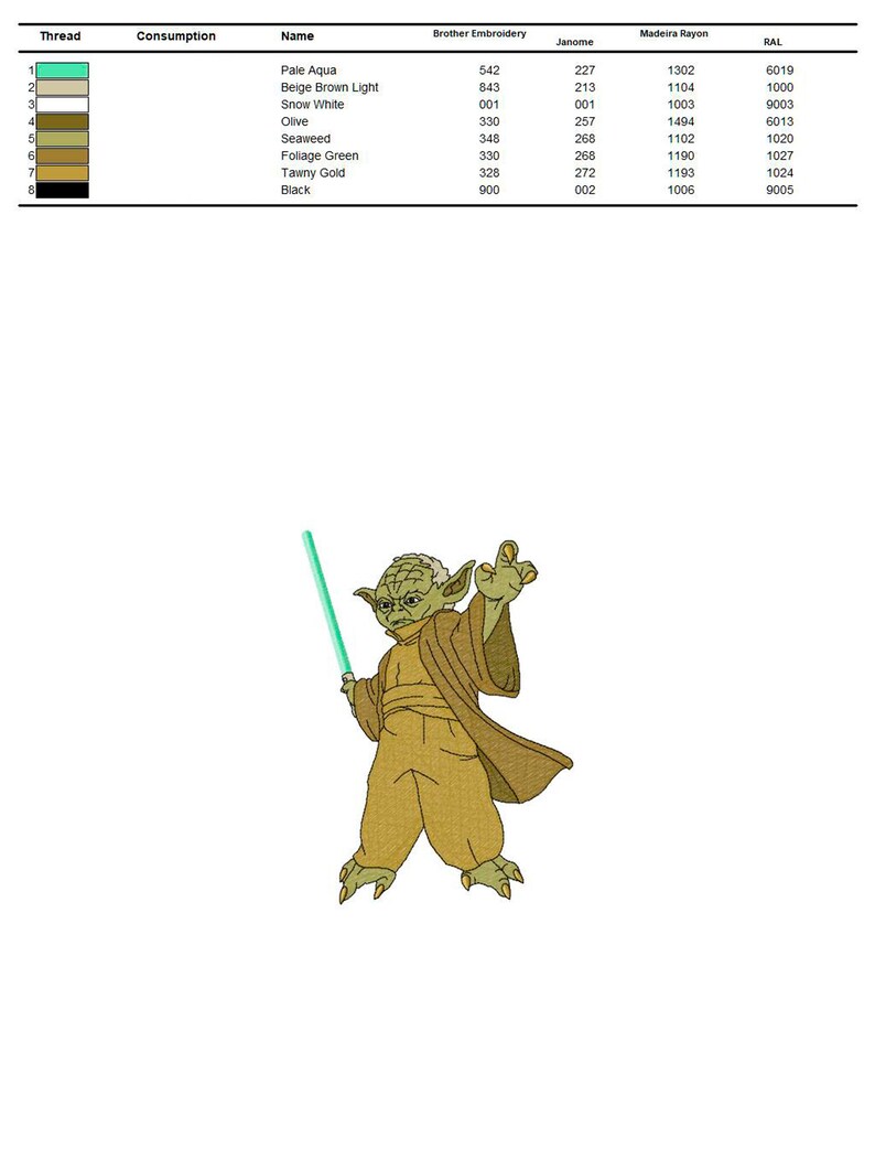 May include: Embroidered image of a green alien character holding a lightsaber. The character is wearing a brown robe and has a green face. The image is surrounded by a white background.