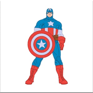Puede incluir: Una ilustración de dibujos animados de Capitán América, un superhéroe que lleva un traje azul, rojo y blanco, sosteniendo un escudo rojo, blanco y azul con una estrella blanca en el centro.