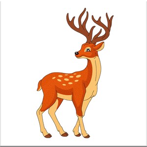 Puede incluir: Una ilustración de dibujos animados de un ciervo marrón con manchas blancas y grandes cuernos. El ciervo está de pie sobre sus cuatro patas y mirando hacia la izquierda.