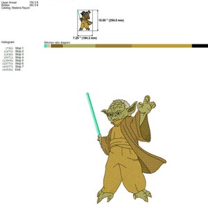 May include: A green and brown embroidered design of a Star Wars character, Yoda, holding a lightsaber. The design is 7.25 inches by 10 inches and includes 8 colors and 7 stops.