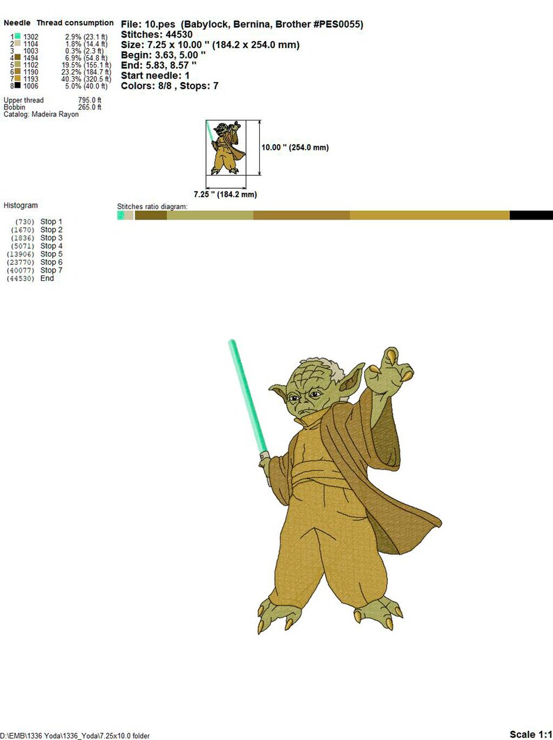 May include: A green and brown embroidered design of a Star Wars character, Yoda, holding a lightsaber. The design is 7.25 inches by 10 inches and includes 8 colors and 7 stops.