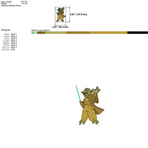 May include: A green and brown embroidered design of a fictional character holding a lightsaber. The design is 3.63 inches by 5 inches and has 8 colors and 7 stops. The design is for embroidery machines and is compatible with Babylock, Bernina, and Brother machines.