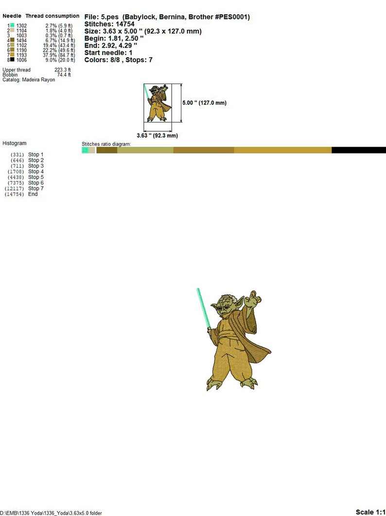 May include: A green and brown embroidered design of a fictional character holding a lightsaber. The design is 3.63 inches by 5 inches and has 8 colors and 7 stops. The design is for embroidery machines and is compatible with Babylock, Bernina, and Brother machines.