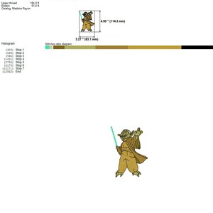 May include: A green and brown embroidery design of a fictional character holding a lightsaber. The design is 3.27 inches by 4.50 inches and has 8 colors and 7 stops. The file is for Babylock, Bernina, and Brother embroidery machines.