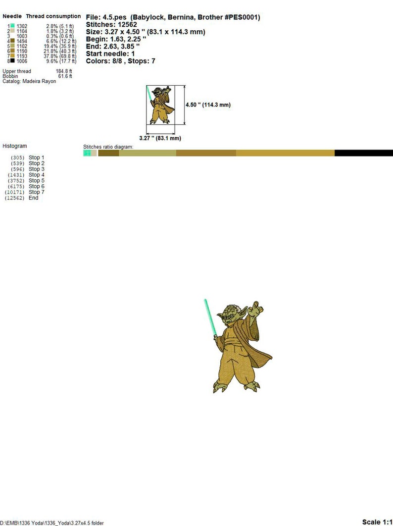 May include: A green and brown embroidery design of a fictional character holding a lightsaber. The design is 3.27 inches by 4.50 inches and has 8 colors and 7 stops. The file is for Babylock, Bernina, and Brother embroidery machines.
