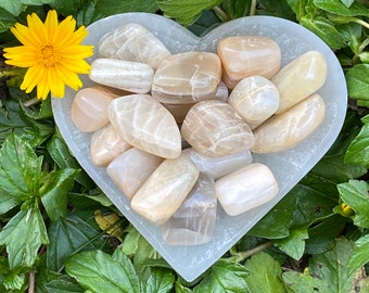 May include: A heart-shaped dish filled with a collection of smooth, white and beige sunstone tumbled stones. The stones have a natural, striated pattern and are arranged in a pleasing display.