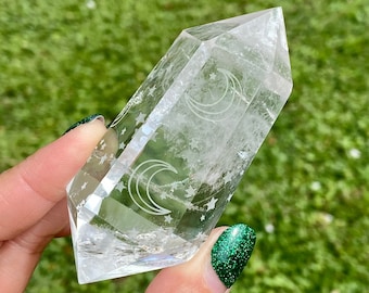 Etched Moon & Stars Clear Quartz Point - Double Terminated Crystal