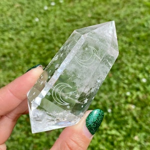 Etched Moon & Stars Clear Quartz Point - Double Terminated Crystal