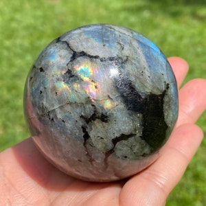 Labradorite Sphere with Stand: Rainbow Flash Crystal Orb