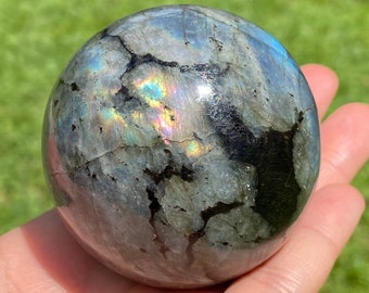 Labradorite Sphere with Stand: Rainbow Flash Crystal Orb