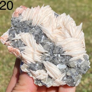 May include: A cluster of white barite crystals with a pink hue, intergrown with gray and clear quartz crystals. The crystals have a layered, blade-like structure.