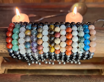 Obsidian & Hematite Crystal Bracelet: Adjustable Gemstone Bead Bracelet