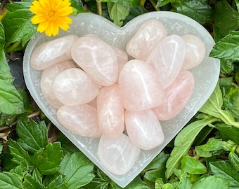 May include: A heart-shaped bowl filled with tumbled rose quartz crystals. The crystals are a pale pink color and have a smooth, polished finish.
