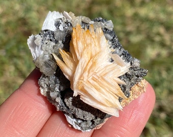 Orange Baryte Cerussite and Galena, Orange Barite Cerussite and  Galena, Baryte, Barite, Cerussite, Galena, Mineral, Crystal, Cluster