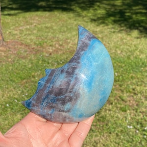 Trolleite Man on the Moon, Trolleite Crescent Moon, Trolleite Moon Face, Lazulite, Crystal Moon, Healing Carved Crystal Moons, Blue Moon