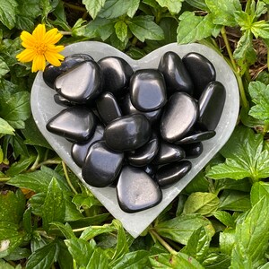 May include: A heart-shaped, white stone bowl filled with polished, black stones. A small yellow flower sits near the top left of the bowl. The bowl is surrounded by green leaves.