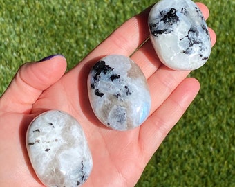 Rainbow Moonstone Palm Stone: Madagascar Crystal (1.58-2.46 oz)