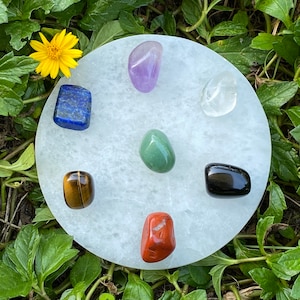 Selenite Charging Plate with Chakra Stone Set (6&quot;)