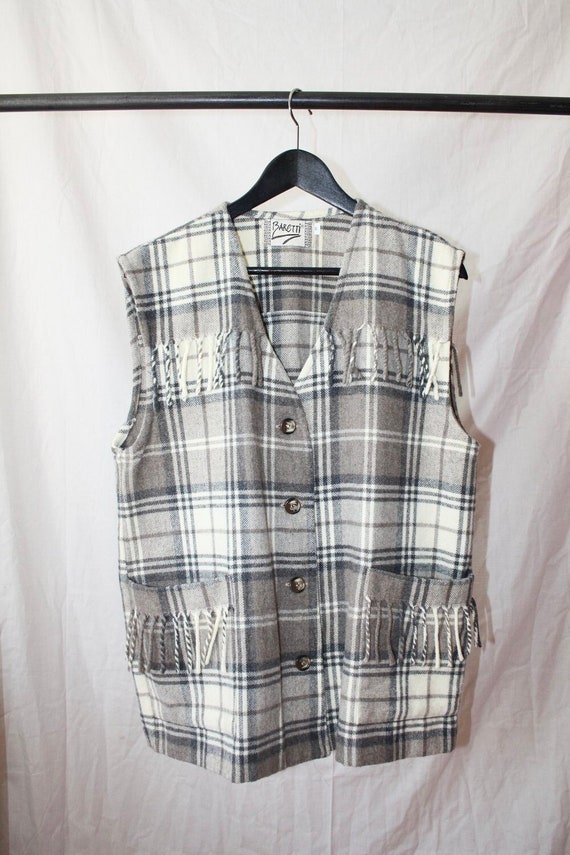 Vintage Checkered Fringed Wool Vest / Waistcoat - image 1