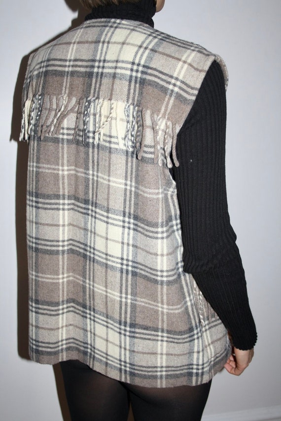 Vintage Checkered Fringed Wool Vest / Waistcoat - image 3