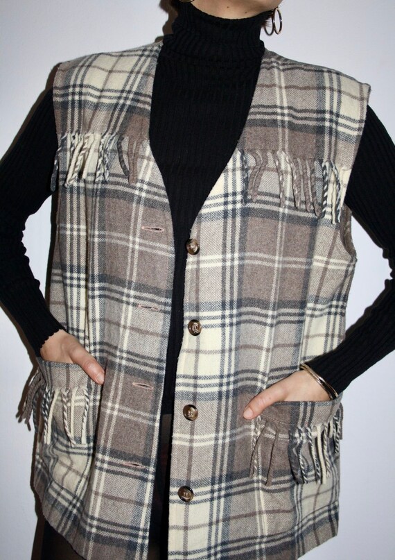 Vintage Checkered Fringed Wool Vest / Waistcoat - image 2