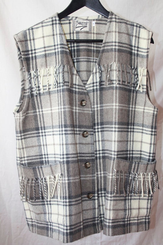 Vintage Checkered Fringed Wool Vest / Waistcoat - image 4