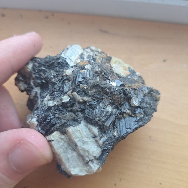 Black Tourmaline & Feldspar from Maine mine. Rough Crystal