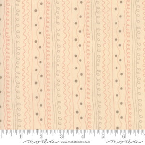 May include: Cream-colored fabric with vertical stripes of pink, gray, and dotted accents. The stripes include wavy lines and small circles. The fabric is marked with a ruler and the word "moda" at the bottom.