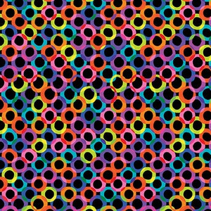 May include: A vibrant, abstract pattern featuring overlapping, translucent circles in a variety of bright colors, including red, orange, yellow, green, blue, and purple, set against a black background. The design creates a sense of depth and movement.