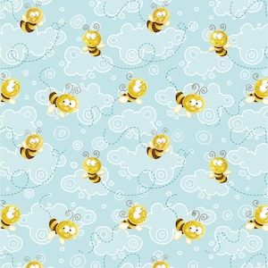 May include: A repeating pattern of cartoon bees with yellow and brown bodies, flying through a light blue sky with white cloud shapes. The bees have smiling faces and are connected by dotted lines.