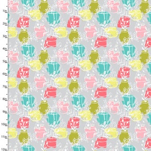 May include: A repeating pattern of colorful teacups and vases with floral accents on a light gray background. The teacups and vases are in shades of pink, yellow, teal, and olive green, outlined in white. The design is suitable for fabric or wallpaper.