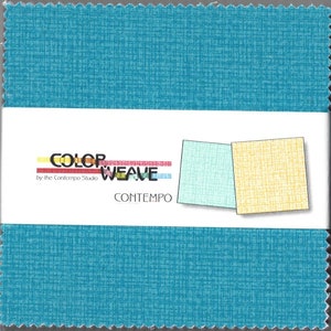 May include: A teal fabric swatch with a textured weave, featuring a white band with the text "COLOR WEAVE" and "CONTEMPO." Two smaller fabric samples in light blue and yellow are also shown.
