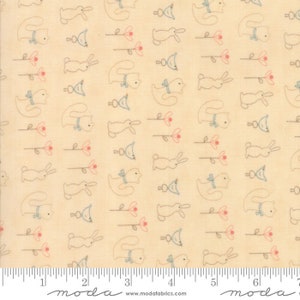 May include: Cream-colored fabric with a repeating pattern of sketched bunnies, ducks, and flowers. The bunnies and ducks are outlined in a light gray, with blue bows on the ducks. The flowers are pink. The fabric is suitable for quilting and crafting.