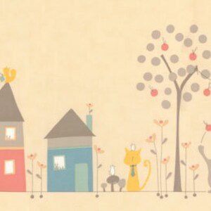 May include: A whimsical illustration featuring a row of colorful houses, trees, and playful animal characters. The scene includes a rabbit, a cat, a bear, and a squirrel, with decorative elements like a banner and flowers, all set against a light yellow background.
