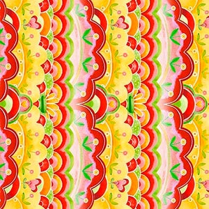 May include: A vibrant, repeating pattern featuring vertical stripes of various designs. The pattern includes scalloped edges in red, yellow, and orange, with floral and leaf motifs in pink, green, and yellow. The overall design has a watercolor effect.