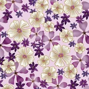 May include: A floral pattern featuring white flowers with gold outlines and purple centers, interspersed with purple and dark purple flowers, set against a light purple background. The design is a repeating pattern.