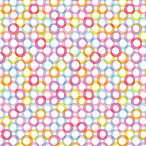 May include: A repeating pattern of colorful, overlapping circles in shades of pink, orange, yellow, green, blue, and purple. The circles are arranged on a white background, creating a vibrant and playful design. This pattern is suitable for various applications.