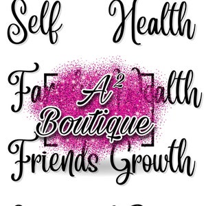 May include: A prayer board with headings for self, health, friends, growth, school, travel, and a pink glitter background with the text "A^2 Boutique".