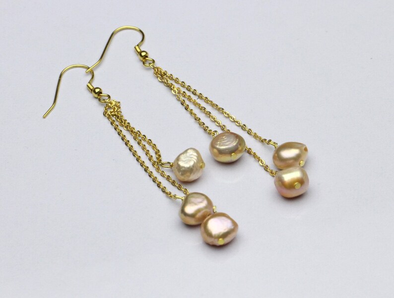 Baroque pearl earrings,metallic pink pearl beads,gold filled earrings,long pearl earrings.