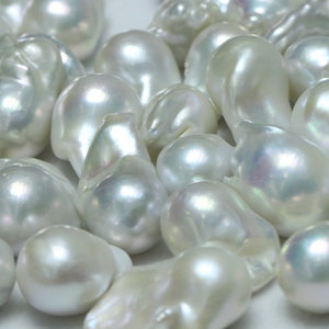 May include: A collection of white baroque pearls with an iridescent sheen. The pearls are various sizes and shapes, with some being more round and others more irregular.
