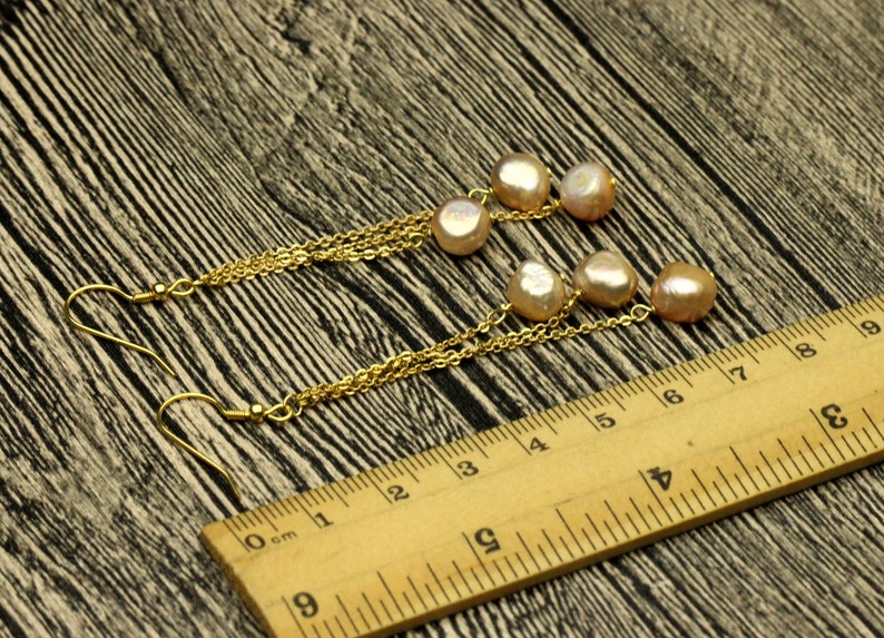 Baroque pearl earrings,metallic pink pearl beads,gold filled earrings,long pearl earrings.
