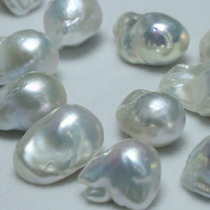 May include: A collection of white baroque pearls with an iridescent sheen. The pearls are various shapes and sizes, and they are arranged in a loose cluster.