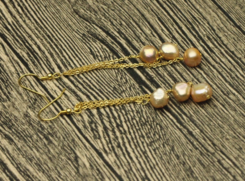 Baroque pearl earrings,metallic pink pearl beads,gold filled earrings,long pearl earrings.