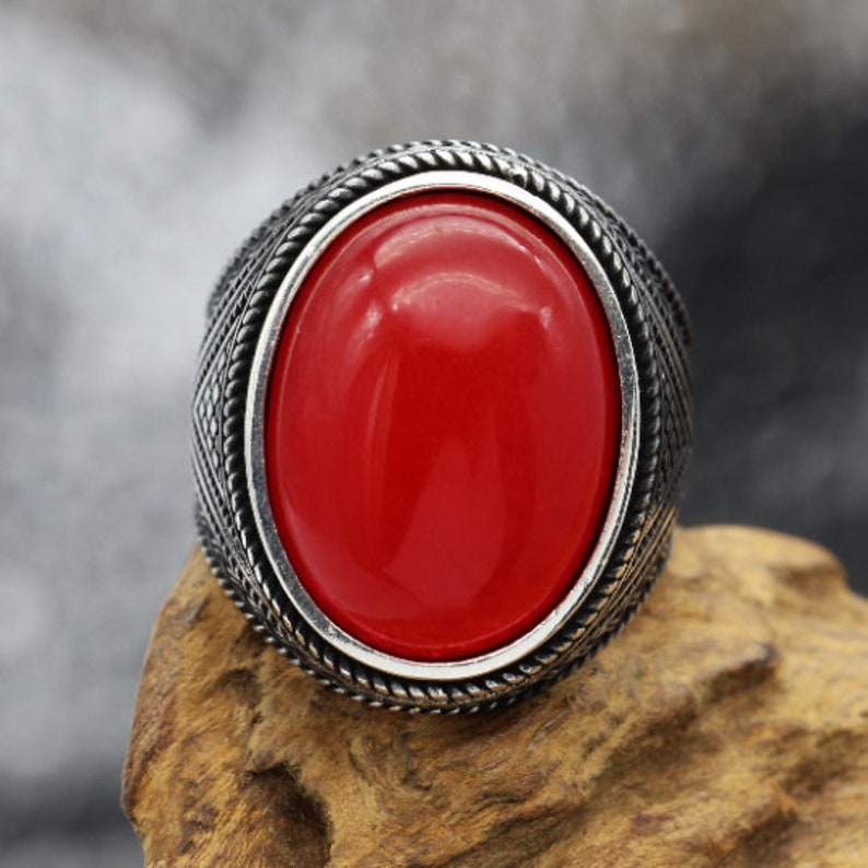 Men Ring Natural red jade 925 sterling silver rare akik art Etsy