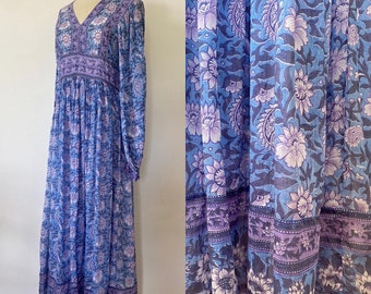 Robe kalamkari des années 1970 anokhi roshafi Inde indienne vintage blockprint bleu lilas empire d'la I robe cottage prairie cottagecore