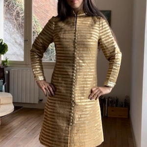 1960s gold lame wool golden dress cocktail mod 60s sixties true genuine vintage site small xsmall xs designer couture Swiss Switzerland