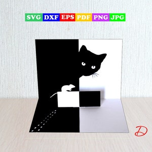 Carte chat et souris SVG, chat noir et souris carte postale fichiers numériques pour cricut ou silhouette, carte postale 3D, eps, dxf, pdf, jpg, svg, cdr