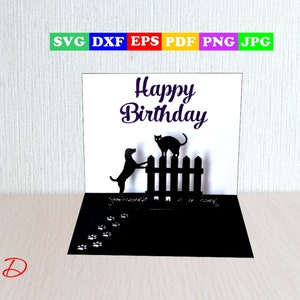 Hund und Katze Karte SVG, Hund und Katze Postkarte digitale Dateien für Cricut oder Silhouette, glücklich Katze Hund, 3D-Postkarte, Eps, Dxf, pdf, Jpg, Svg, cdr